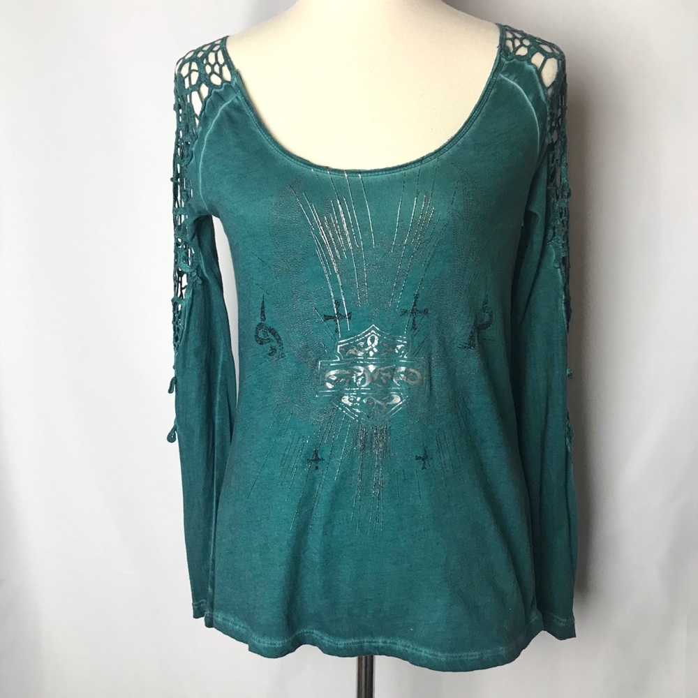 Harley Davidson Sz S Teal Green Tie-dyed Top